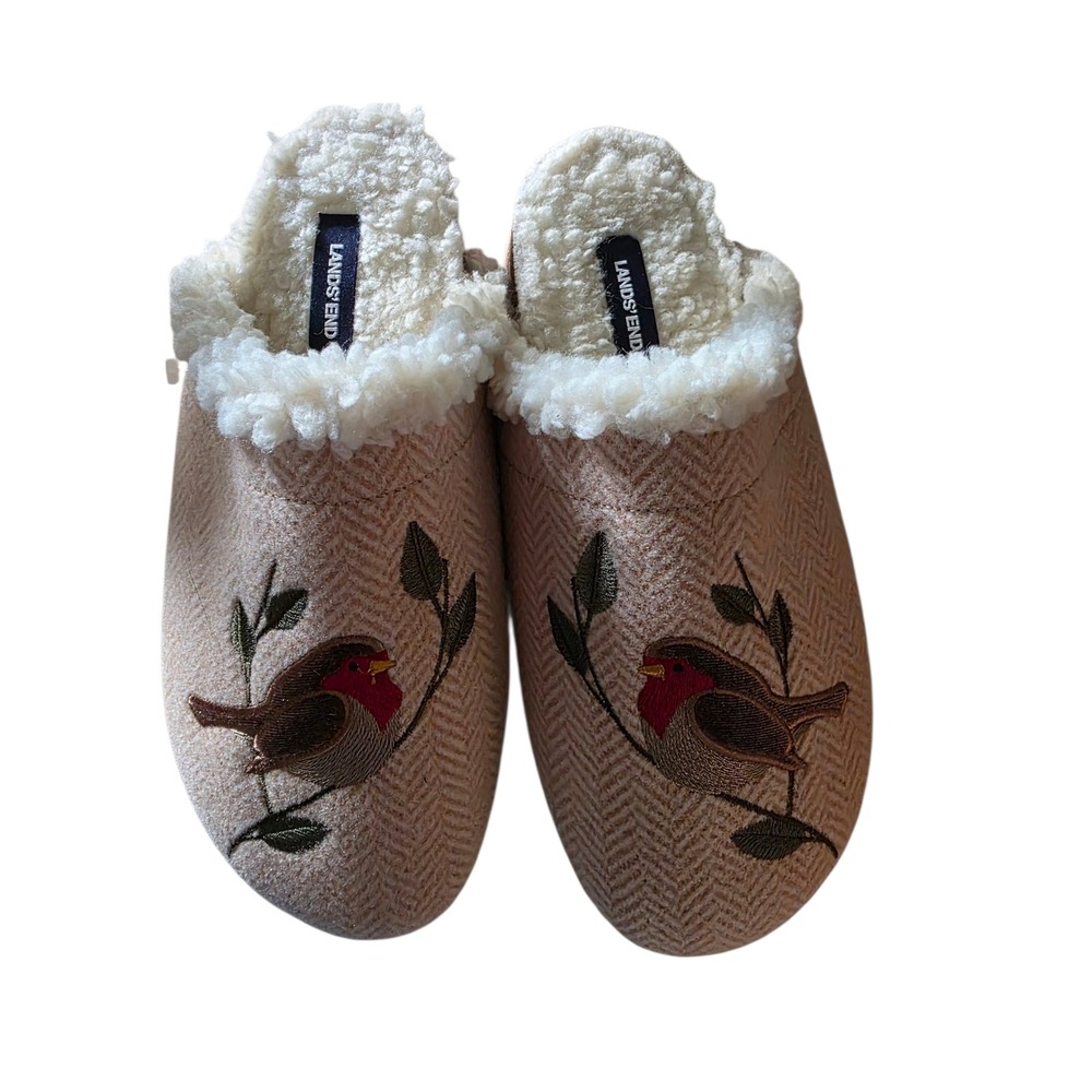 Lands End Womens Herringbone Robin Bird Embroidered Mule Slippers Tan Size 10B
